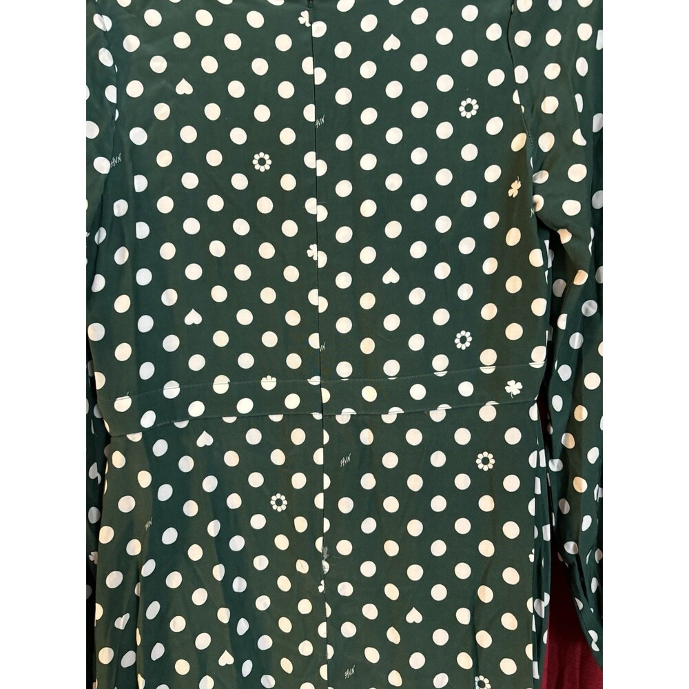 HVN MIDI Long Sleeve Dress Size S Gr&White Polka Dot Scattered Flowers,Shamrock